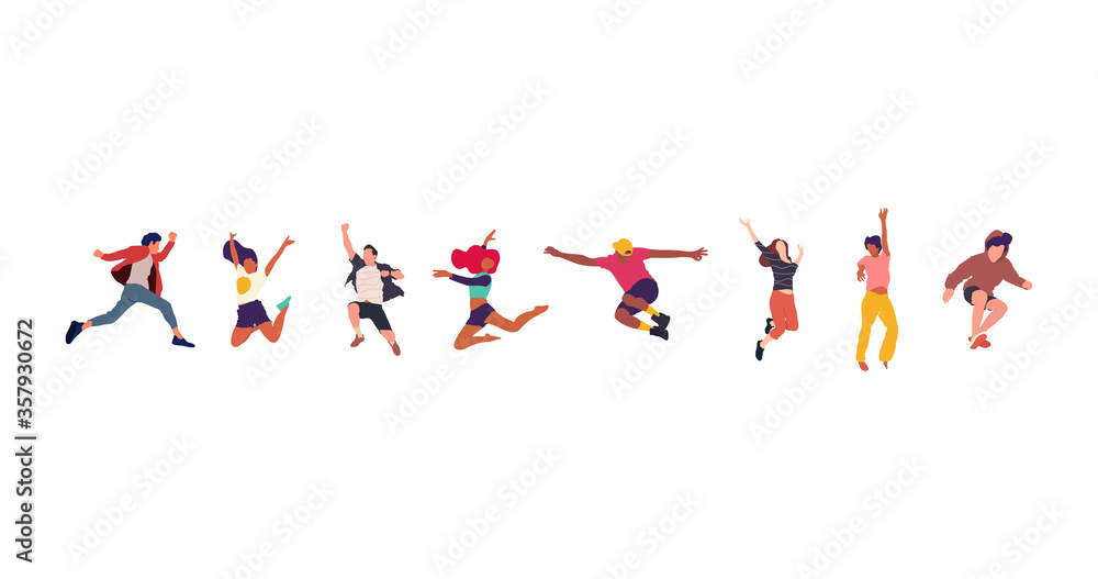 Happy jumping people flat vector illustration. Cheerful corporate employees cartoon characters set. Young male and female people in casual clothes isolated clipart. Diverse group of people. - obrazy, fototapety, plakaty 
