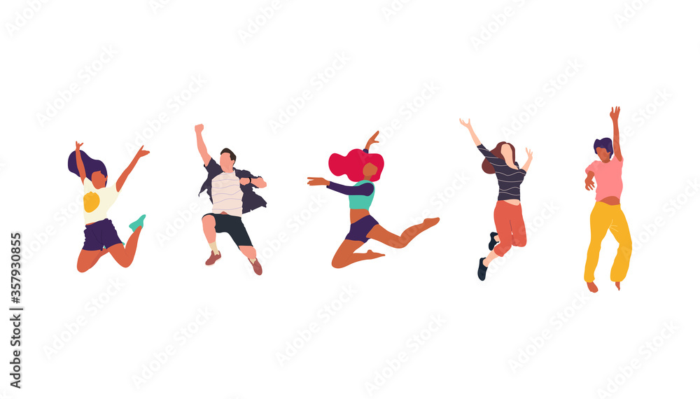 Happy jumping people flat vector illustration. Cheerful corporate employees cartoon characters set. Young male and female people in casual clothes isolated clipart. Diverse group of people. Happy jumping people flat vector illustration. Cheerful corporate employees cartoon characters set. Young male and female people in casual clothes isolated clipart. Diverse group of people.