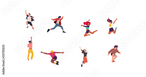 Happy jumping people flat vector illustration. Cheerful corporate employees cartoon characters set. Young male and female people in casual clothes isolated clipart. Diverse group of people. © Firangiz