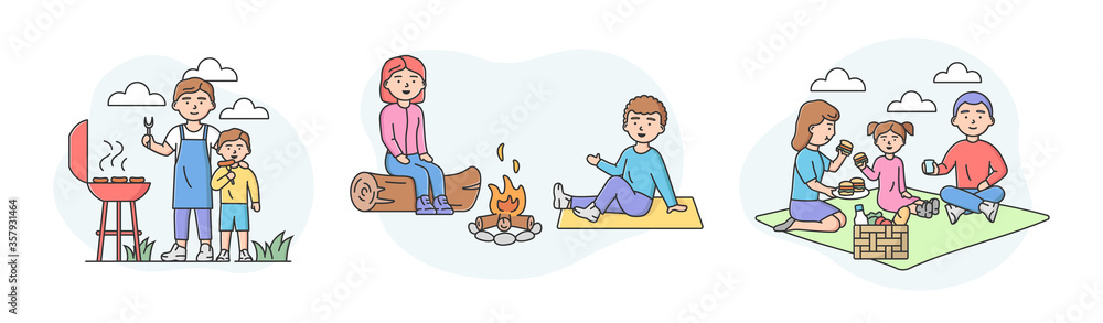 Family Picnic Time Concept. Set Of Families Spending Time Together Outdoors. Characters Communicate And Have Good Time Together On Vacations. Cartoon Linear Outline Flat Style. Vector Illustration Family Picnic Time Concept. Set Of Families Spending Time Together Outdoors. Characters Communicate And Have Good Time Together On Vacations. Cartoon Linear Outline Flat Style. Vector Illustration
