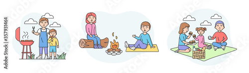 Family Picnic Time Concept. Set Of Families Spending Time Together Outdoors. Characters Communicate And Have Good Time Together On Vacations. Cartoon Linear Outline Flat Style. Vector Illustration
