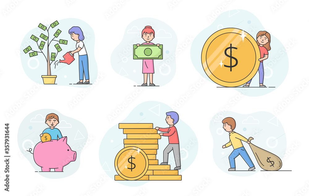 Fototapeta premium Business Investment And Getting Profit Concept. Set Of Business People Making An Investments. Men And Women Increase Their Budget And Capital. Cartoon Linear Outline Flat Style. Vector Illustration