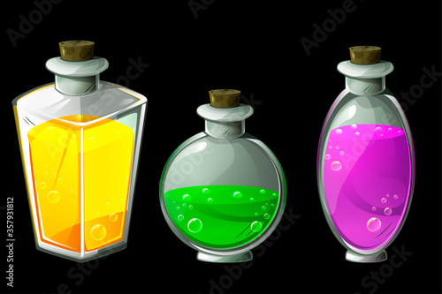 Set of vector isolated magic potions in glass bottles.