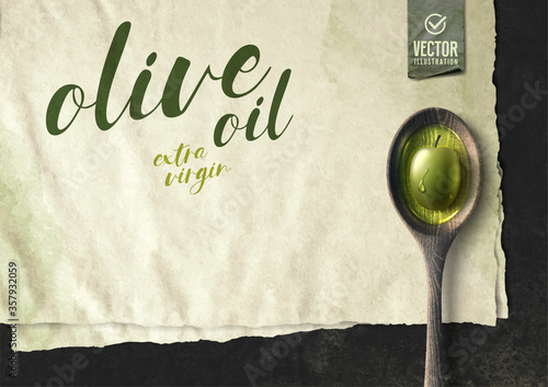 Vector realistic olive illustration, wooden spoon, paper and oil on black stone background