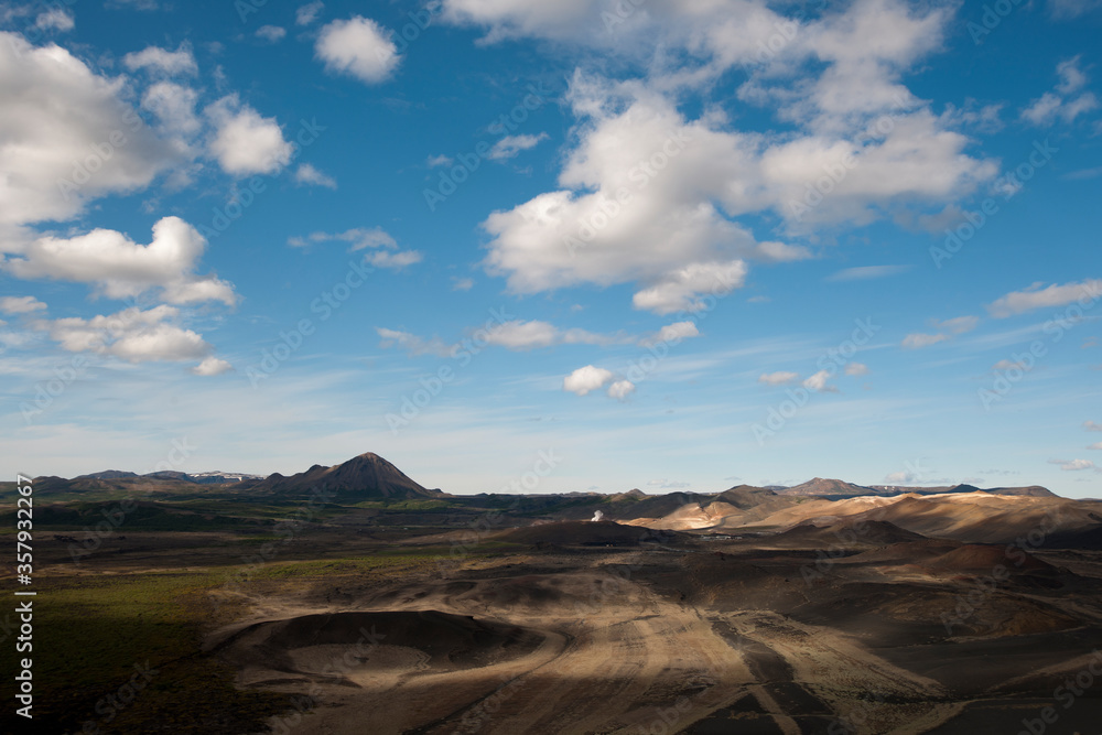 volcano landscape with cloudy sky at myvatn iceland