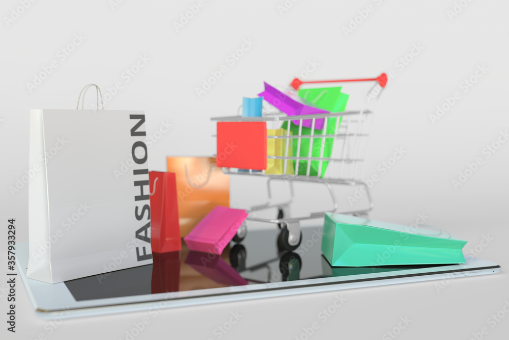 Shopping cart on a tablet computer and paper bag with FASHION text. E-commerce related 3D rendering Shopping cart on a tablet computer and paper bag with FASHION text. E-commerce related 3D rendering
