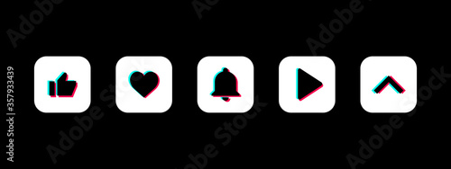 TikTok Button Set. Duotone. Swipe. Like. Play Button. Subscribe Bell Button. Social Media Vector Illustration On Black Background 