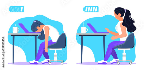 Burnout in professional life, emotional collapse concept vector. Tired frustrated freelancer is sitting at table. Young woman in stress in the office. Brainstorming is out. Unsolved working tasks.