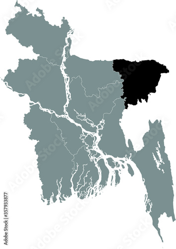 Black Location Map of Bangladeshi Division of Sylhet within Grey Map of Bangladesh