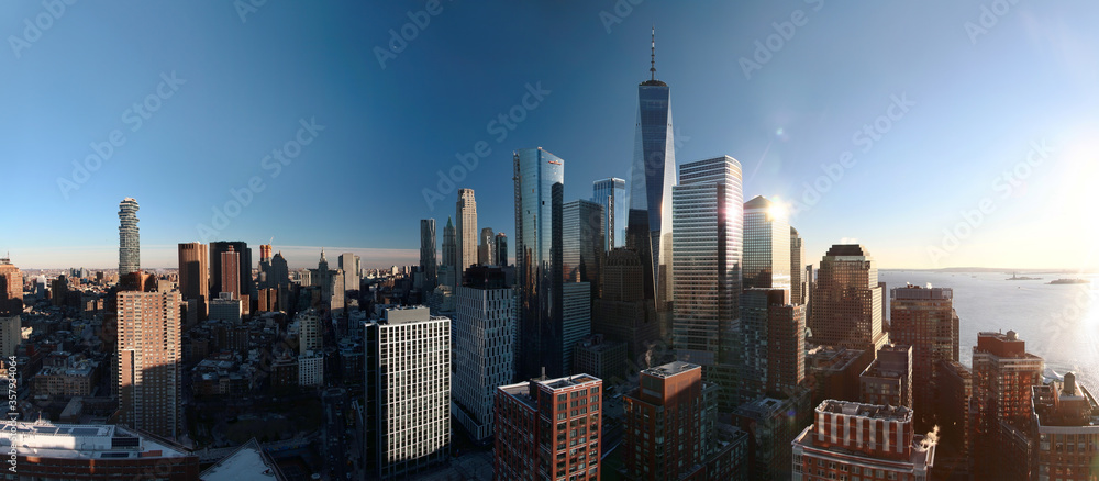 Panoramic aerial sunset view of downtown Manhattan skyline. New York. USA.