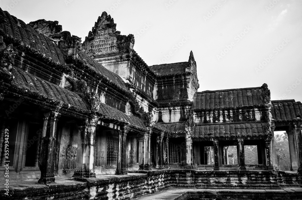Temple d'Angkor en noir et blanc au Cambodge