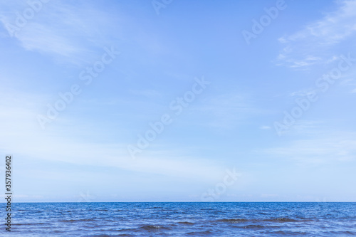 Panorama of blue sea waves against the blue sky. Ocean surface natural background