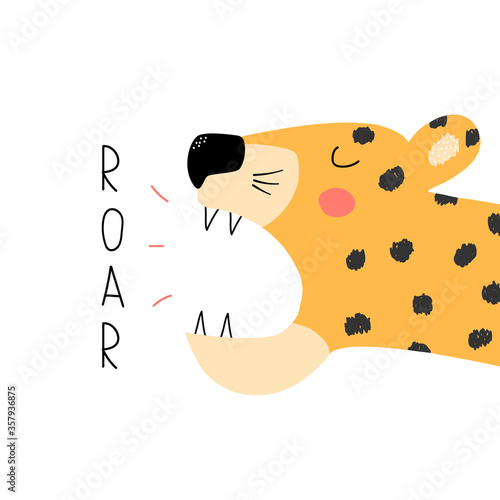 Funny roaring leopard. Trendy graphic. Vector hand drawn illustration.