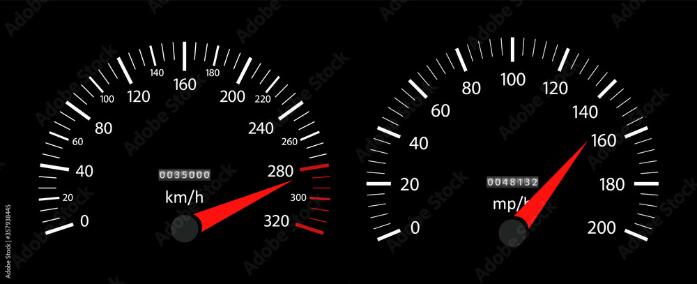 Speedometer of car. Fast speed on dashboard. tachometer and gauge of kilometer or mile. Auto panel with dial of instrument for race. Vehicle background with high velocity. Interface for sport. Vector