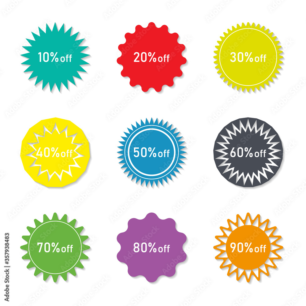 Sticker of sale and discount. Label for price. Banner for promotion of product. Coupon with symbol of percent discount for buy. Button for offer and advertising. Starburst icon for hot retail. Vector Sticker of sale and discount. Label for price. Banner for promotion of product. Coupon with symbol of percent discount for buy. Button for offer and advertising. Starburst icon for hot retail. Vector