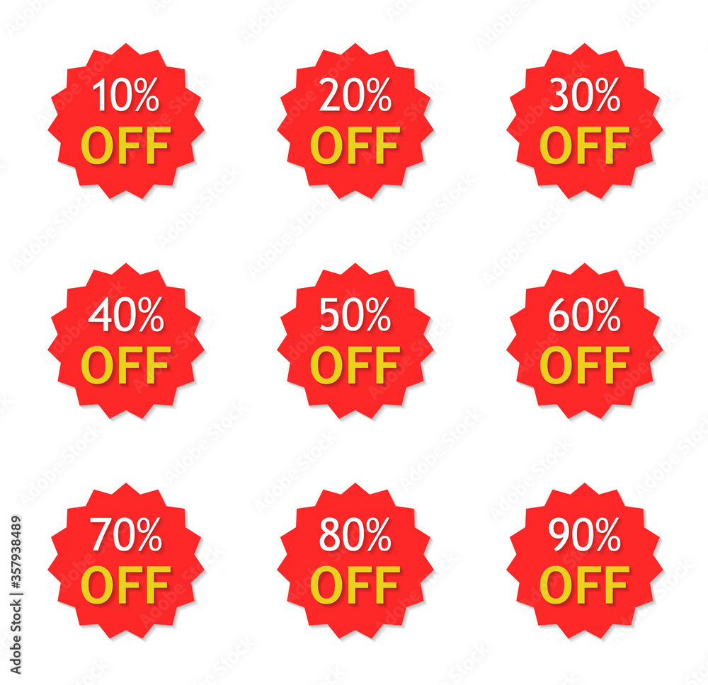 Sale with discount off 10 to 90 percent. Red sticker with price special offer. Label for promotion of product. Tag for retail. Set of coupons. Design logo in business. Icon star for buy. Vector. Sale with discount off 10 to 90 percent. Red sticker with price special offer. Label for promotion of product. Tag for retail. Set of coupons. Design logo in business. Icon star for buy. Vector.