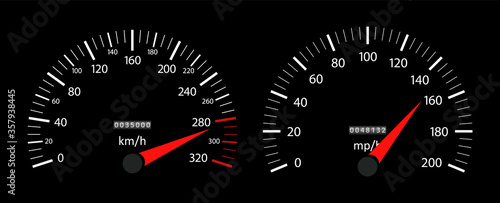 Speedometer of car. Fast speed on dashboard. tachometer and gauge of kilometer or mile. Auto panel with dial of instrument for race. Vehicle background with high velocity. Interface for sport. Vector