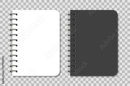 Notebook mockup with spiral. Black and white notepad. Blank diary with cover for note. Template of A5 organizer with paper and coil of rings. Agenda, planner, copybook, sketchbook with binder. Vector