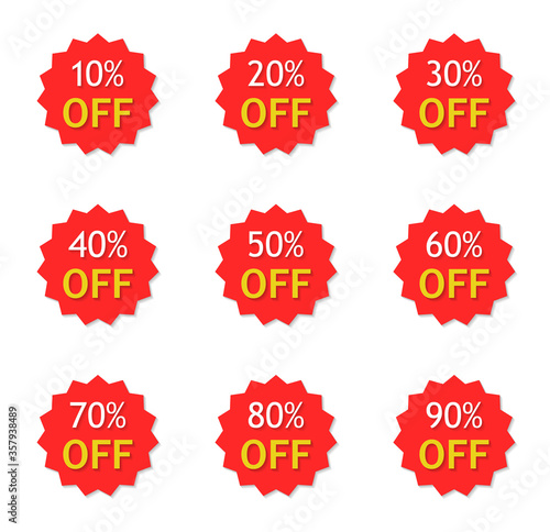 Sale with discount off 10 to 90 percent. Red sticker with price special offer. Label for promotion of product. Tag for retail. Set of coupons. Design logo in business. Icon star for buy. Vector.