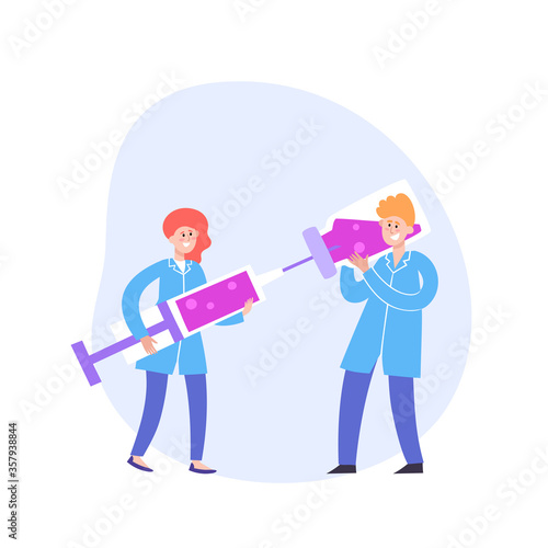 Vector illustration of tiny people with syringe and vaccine
