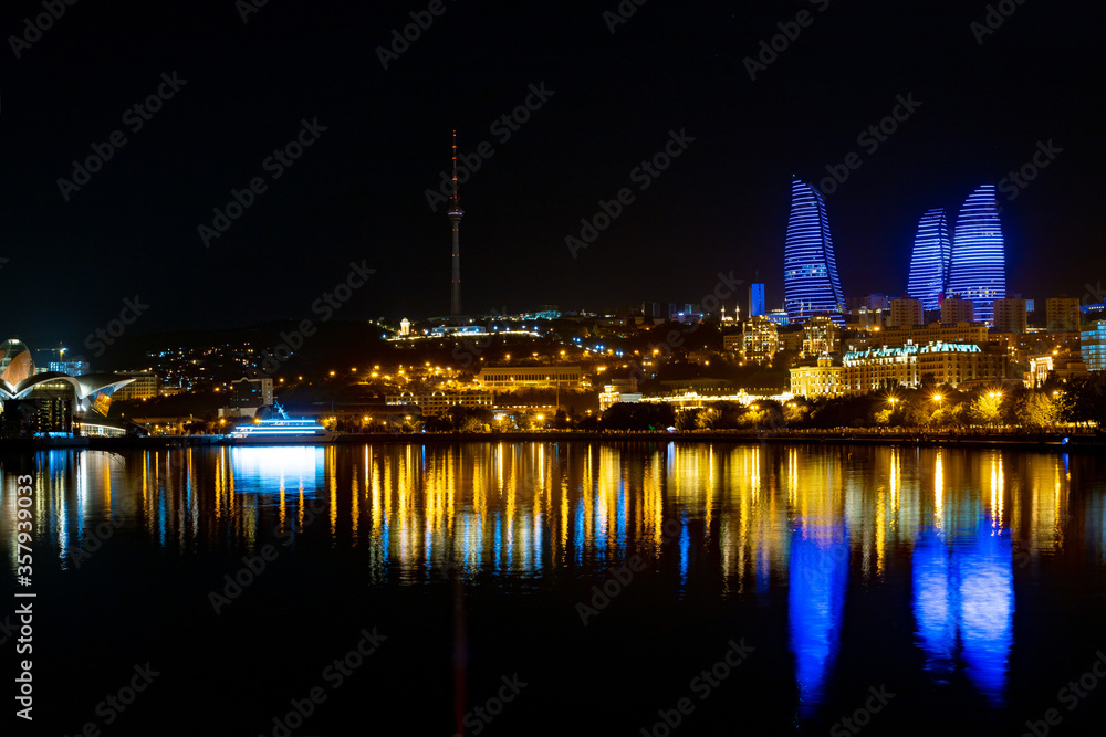 Baku city sea side night view from boulevard park 2