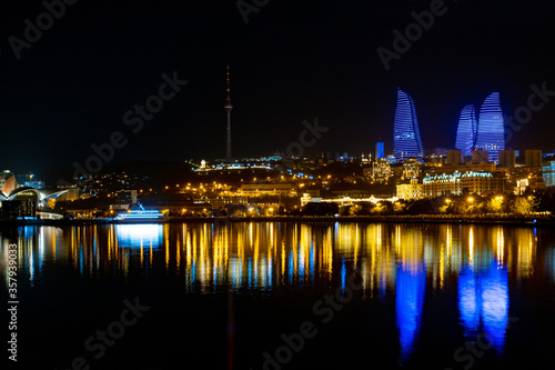 Baku city sea side night view from boulevard park 2
