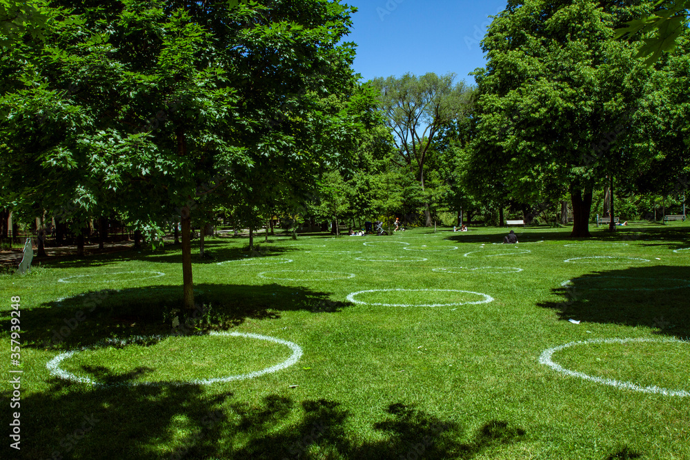 Social Distancing Circles in Park Trinity Bellwoods Toronto Covid 2019