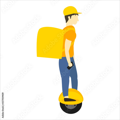 Young caucasian man cartoon character with a  backpack riding a yellow electric hoverboard. Delivery service worker delivers the package. Flat vector ilustration isolated on white background.