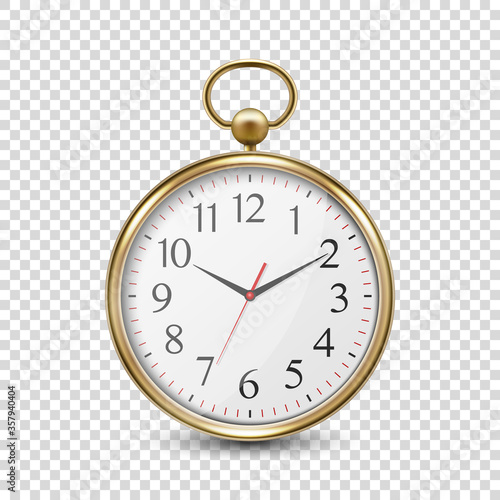 3d Realistic Metal Golden Old Vintage Pocket Watch Icon Closeup Isolated on Transparent Background. Antique Clock Face, Design Template, Stock Vector Illustration