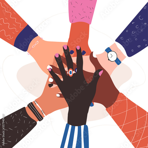 Colorful concept of hands of diverse group of people putting together. Social community, cooperation, agreement, teamwork, partnership, togetherness top view. Flat cartoon vector stock illustration.