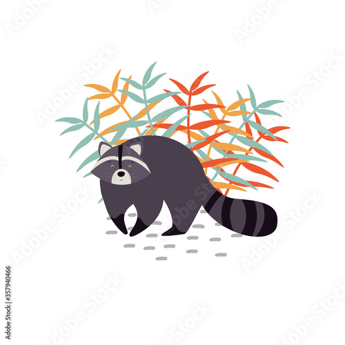 Vector animal wildlife character. Cute raccoon with striped tail in flat style sitting isolated on beige background with leaves.  photo