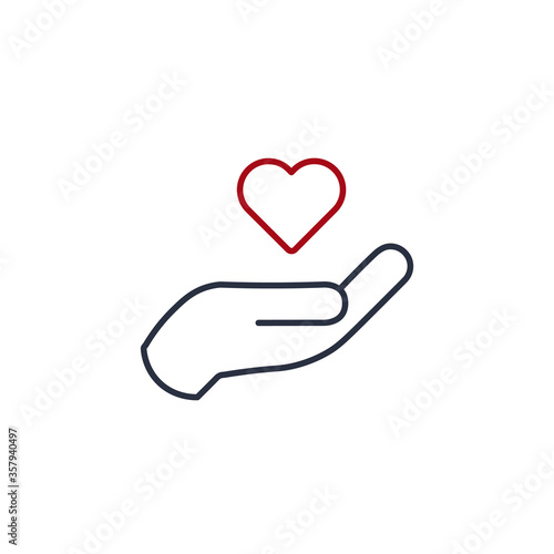 Charity donation linear icon. Share your love with others. Contribution hand and heart. Concept for voluntary non profit organization or health and healthcare themes.