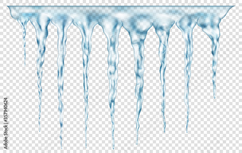 Group of translucent light blue realistic icicles of different lengths connected at the top. For use on light background. Transparency only in vector format