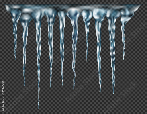Group of translucent light blue realistic icicles of different lengths connected at the top. For use on dark background. Transparency only in vector format