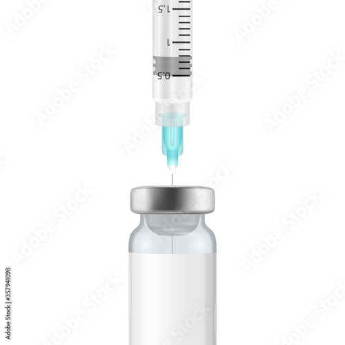 Vector 3d Realistic Bottle and Syringe. Coronavirus Vaccine, Botox, Fillers, Injections, Hyaluronic Acid Closeup Isolated. Drug Ampoule Design Template, Mockup. Vaccination concept. Front View