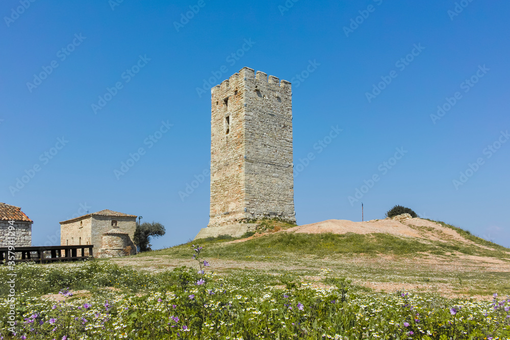 Byzantine Tower in town of Nea Fokea, Chalkidiki, Greece