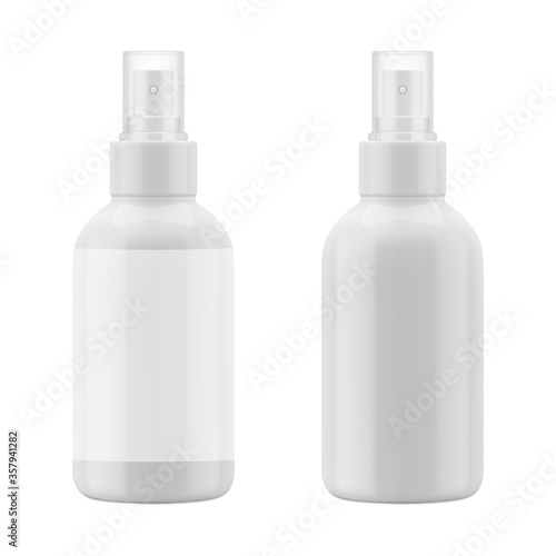 White mockup of plastic bottle. Blank packaging - spray for cosmetics, air scavenger, deodorant. Vector EPS 10.