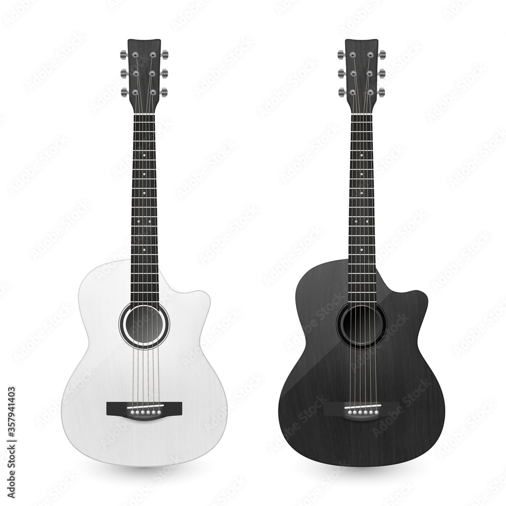 Naklejka premium Vector 3d Realistic White and Black Classic Old Retro Acoustic Wooden Guitar Icon Set Closeup Isolated on Transparent Background. Design Templte, Mockup, Clipart. Musical Art Concept