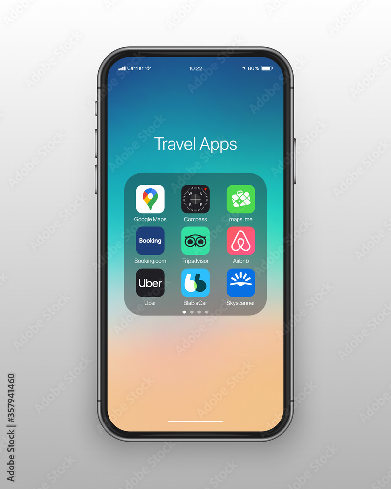 Vector Travel Icons On Iphone Screen With Colorful Wallpaper On White Background Google Maps Compass Maps Me Booking Tripadvisor Airbnb Uber Blablacar Skyscanner Apps Set In Ios Folder Stock Vector Adobe Stock