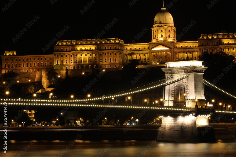 Budapest chain bridge and castle at night