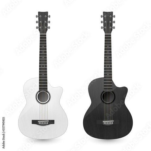 Vector 3d Realistic White and Black Classic Old Retro Acoustic Wooden Guitar Icon Set Closeup Isolated on Transparent Background. Design Templte, Mockup, Clipart. Musical Art Concept