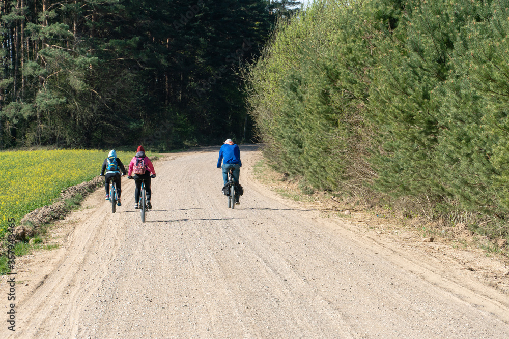 Obraz premium Cycling in nature. bike trip on a warm Sunny day on an empty dirt road. Road without cars along the forest. Weekend in nature with your family.
