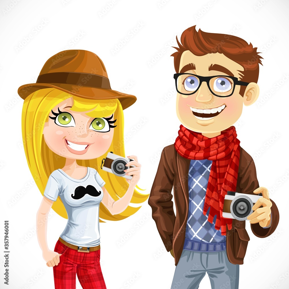 Couple of hipsters with a camera isolated on white background Couple of hipsters with a camera isolated on white background