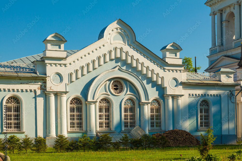 Fragment of the facade of the Church of the Ascension in the city of Kalyazin (Russia) with picturesque windows