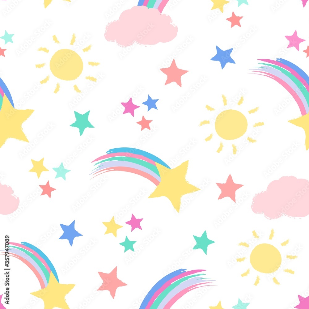 Seamless repeat pattern in pastel colors with shooting stars, rainbows, sunshine and clouds Seamless repeat pattern in pastel colors with shooting stars, rainbows, sunshine and clouds