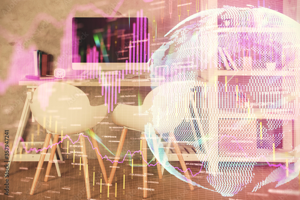 Multi exposure of stock market chart drawing and office interior background. Concept of financial analysis. Multi exposure of stock market chart drawing and office interior background. Concept of financial analysis.