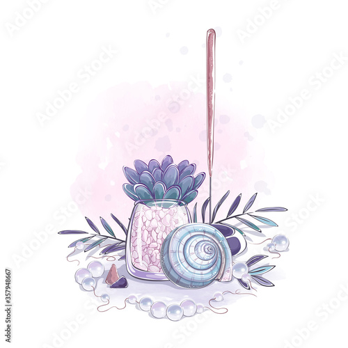 Composition with shell, succulent, incense stick leaves and pearls. Vector concept with accessories of sea spa and aromatherapy. Watercolor background.