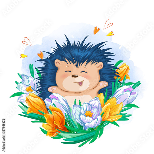Cute hedgehog among a glade of bright colors. Vector child character.
