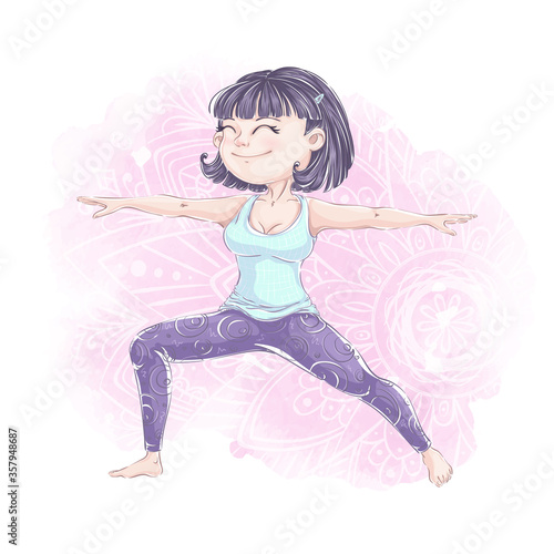 Cute girl in sportswear practices yoga. Yoga or fitness exercises. Active healthy lifestyle.