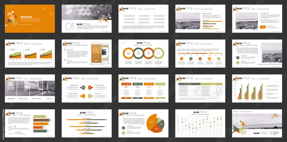 Geometric Orange Presentation Element Templates. Vector infographics. For use in Presentation, Flyer and Leaflet, SEO, Marketing, Webinar Landing Page Template, Website Design, Banner.